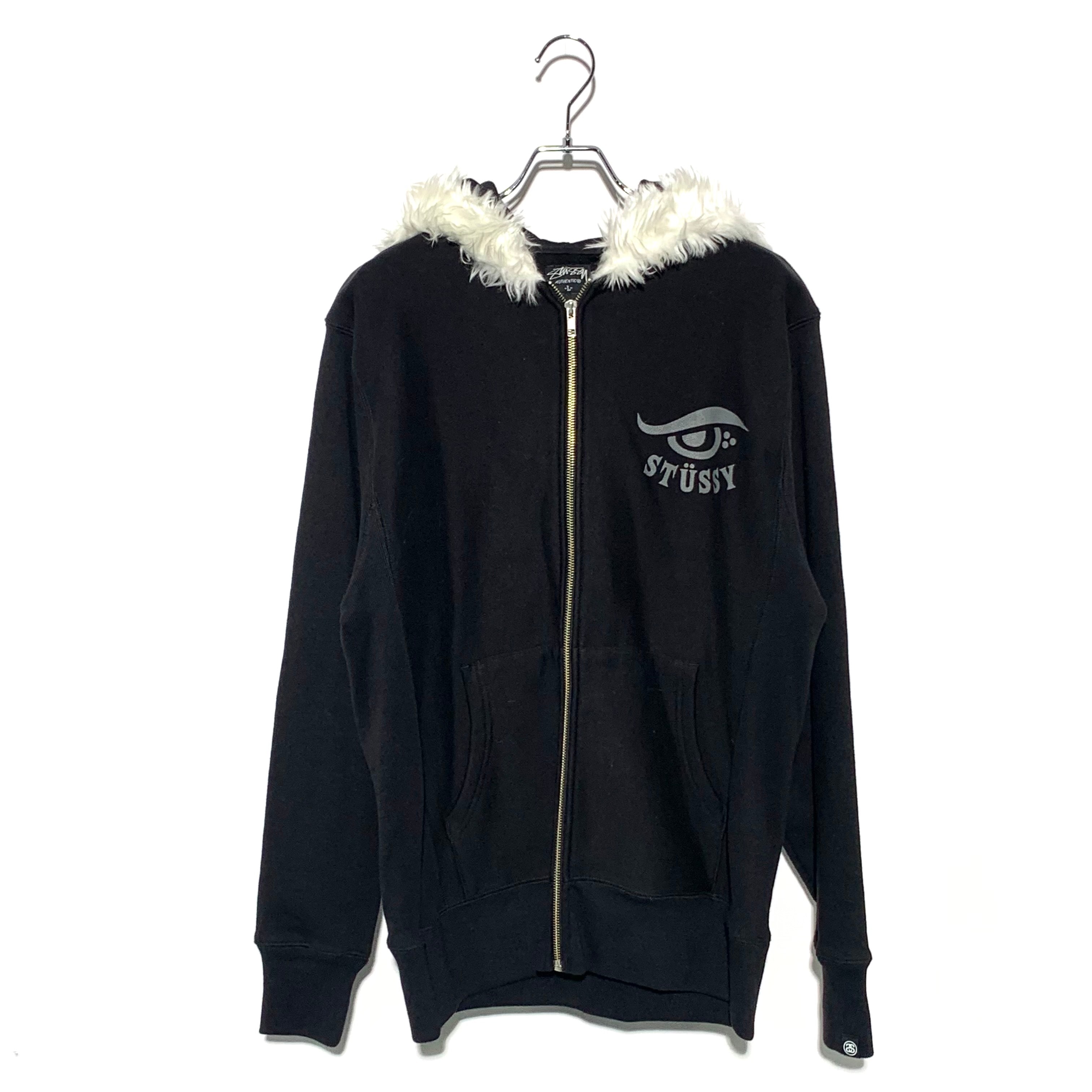目立った傷や汚れなし】STUSSY FAUX FUR ZIP UP HOODIE Blackの古着