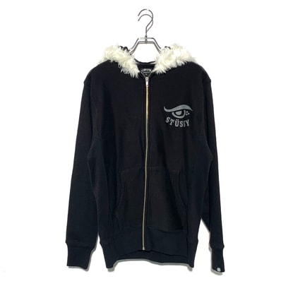 STUSSY FAUX FUR ZIP UP HOODIE Black