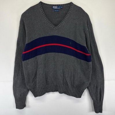 古着 ポロバイラルフローレン Polo by Ralph Lauren ニット ワンポイントロゴ刺繍 Vネック 大きいサイズ 2XL グレー系 メンズ