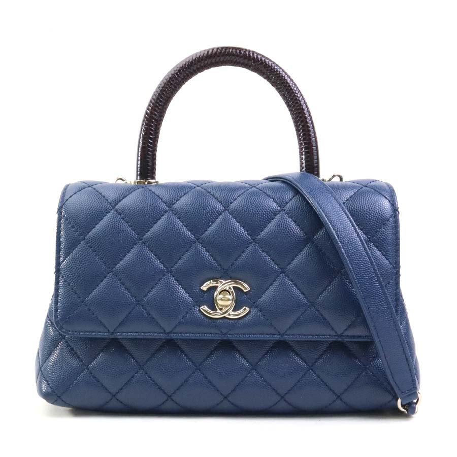 シャネル CHANEL ショルダーバッグ ハンドバッグ ココハンドルXS キャビアスキンレザー/リザード ネイビーブルー×ブラック ゴールド レディース【中古】 90144a