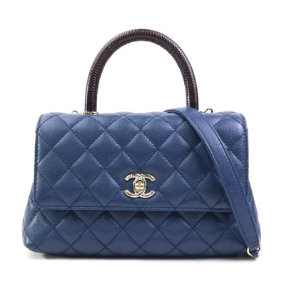 シャネル CHANEL ショルダーバッグ ハンドバッグ ココハンドルXS キャビアスキンレザー/リザード ネイビーブルー×ブラック ゴールド レディース【中古】 90144a