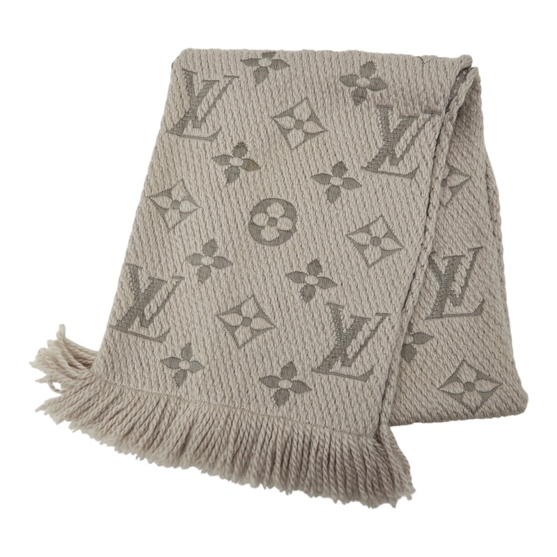 ルイ ヴィトン エシャルプ ロゴマニア マフラー M74742 グレー グリペルル ウール シルク レディース LOUIS VUITTON 中古