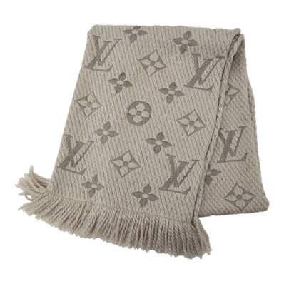 ルイ ヴィトン エシャルプ ロゴマニア マフラー M74742 グレー グリペルル ウール シルク レディース LOUIS VUITTON 中古