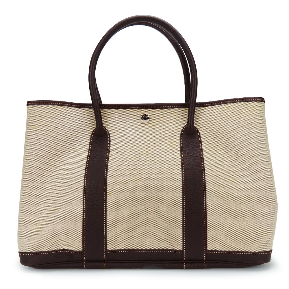【中古】 エルメス ハンドバッグ ガーデンパーティPM キャンバス レザー ベージュ系 ダークブラウン シルバー金具 □I刻印  カジュアル 普段使い レディース メンズ HERMES