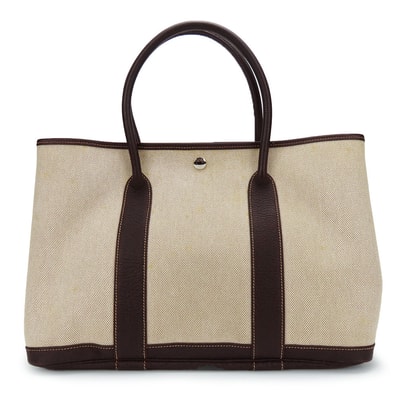 【中古】 エルメス ハンドバッグ ガーデンパーティPM キャンバス レザー ベージュ系 ダークブラウン シルバー金具 □I刻印 カジュアル 普段使い レディース メンズ HERMES