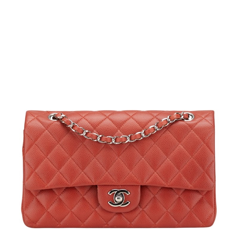 シャネル ココマーク マトラッセ25 ダブルフラップ チェーン ショルダーバッグ レッド キャビアスキン レディース CHANEL 【中古】