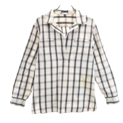 GAP ギャップ チェック柄 長袖 スキッパー シャツ S グレー系 ロールアップ