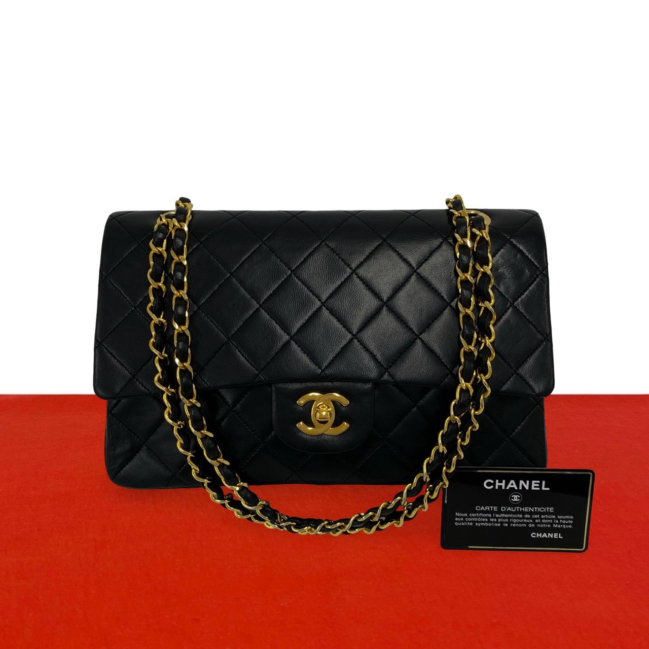 CHANEL シャネル マトラッセ ダブルフラップ 25 ココマーク ラムスキン ショルダーバッグ ブラック
 721-1