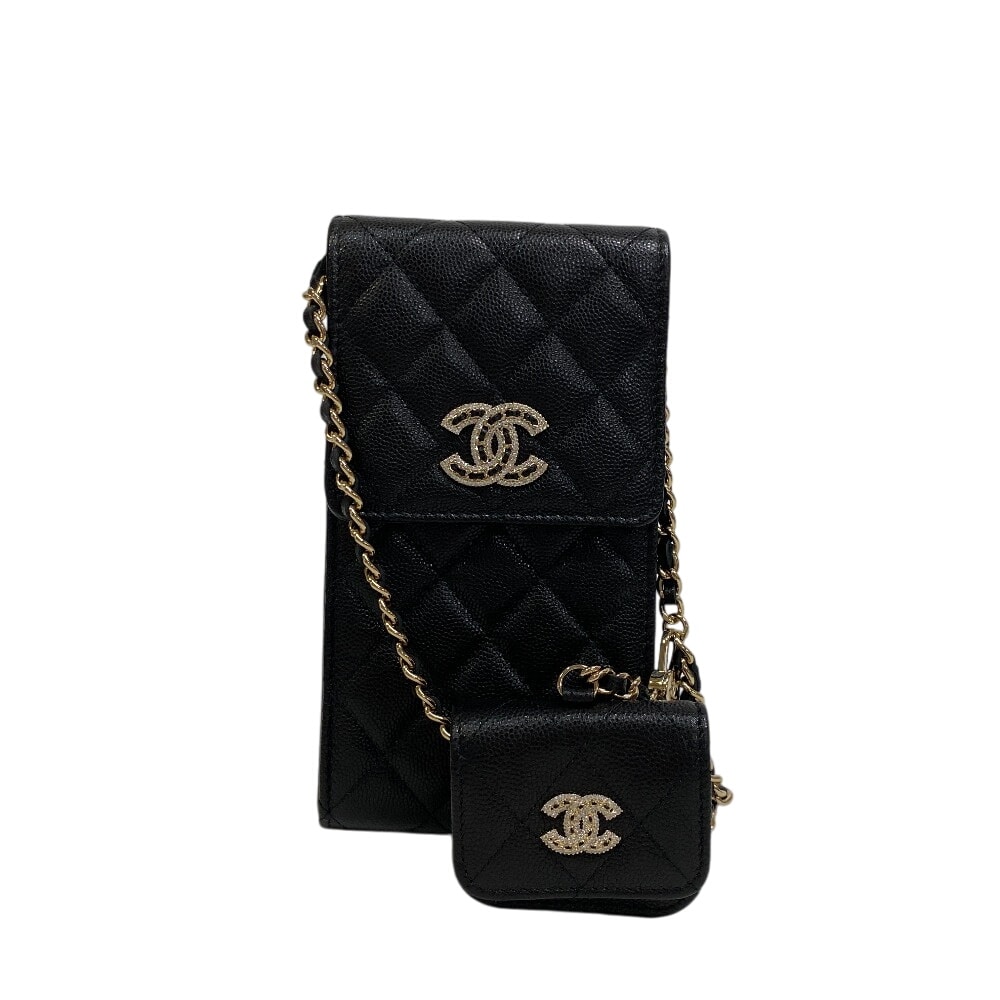 シャネル CHANEL ショルダーバッグ マトラッセ ココマーク ラインストーン ショルダーポーチ AirPodsケース ブラック