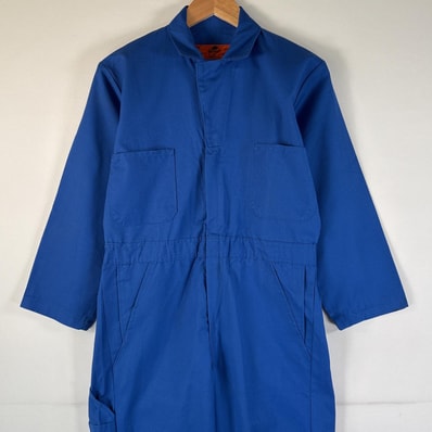 古着 レッドキャップ RED KAP 長袖つなぎ オールインワン ワーク 作業着 カラーつなぎ サイドポケット ジップアップ 36R ブルー 無地 メンズ