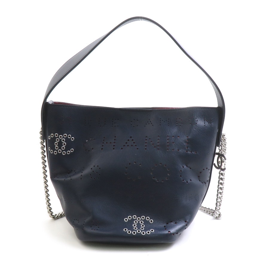 シャネル CHANEL ハンドバッグ ショルダーバッグ パンチング レザー ネイビー レディース AS0487【中古】 90291c