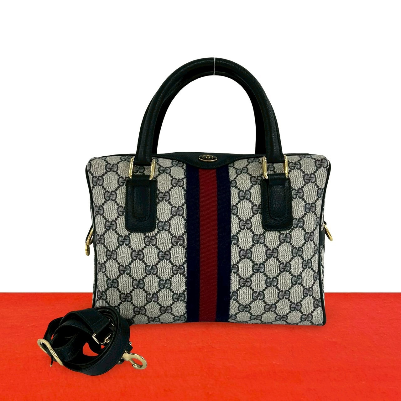 GUCCI グッチ シェリーライン GG ロゴ 柄 金具 レザー PVC ショルダーバッグ ネイビー
 94949