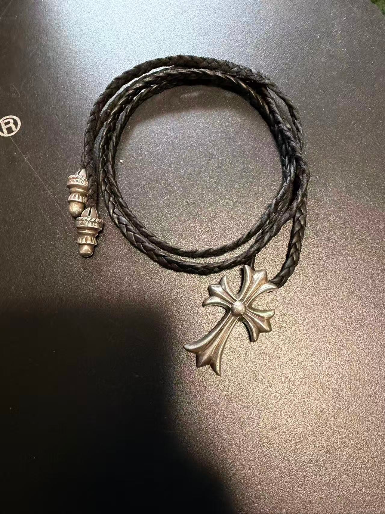 Chrome Hearts Small CH Cross Leather Braid W Bolo Tip Necklace "Silver"