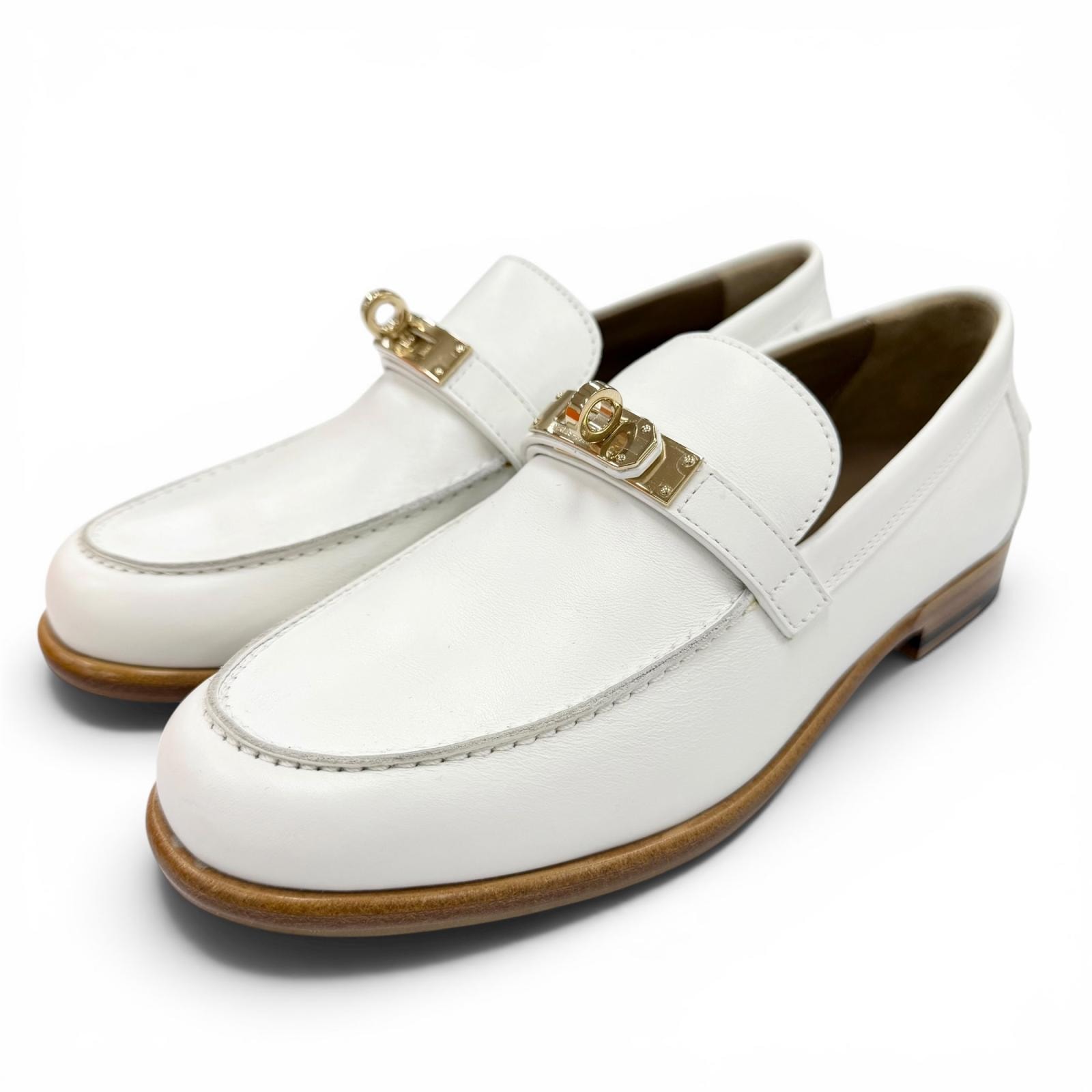 未使用品 エルメス ローファー モカシン デスタン 白 レディース 36.5