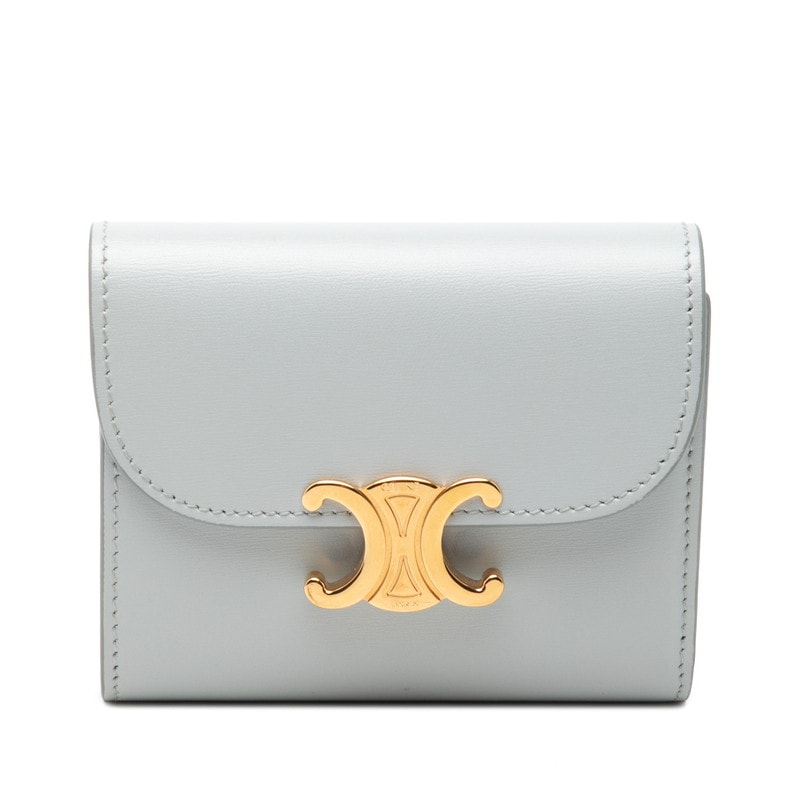 セリーヌ トリオンフ フラップウォレット 三つ折り財布 コンパクトウォレット アイスブルー レザー レディース CELINE 中古