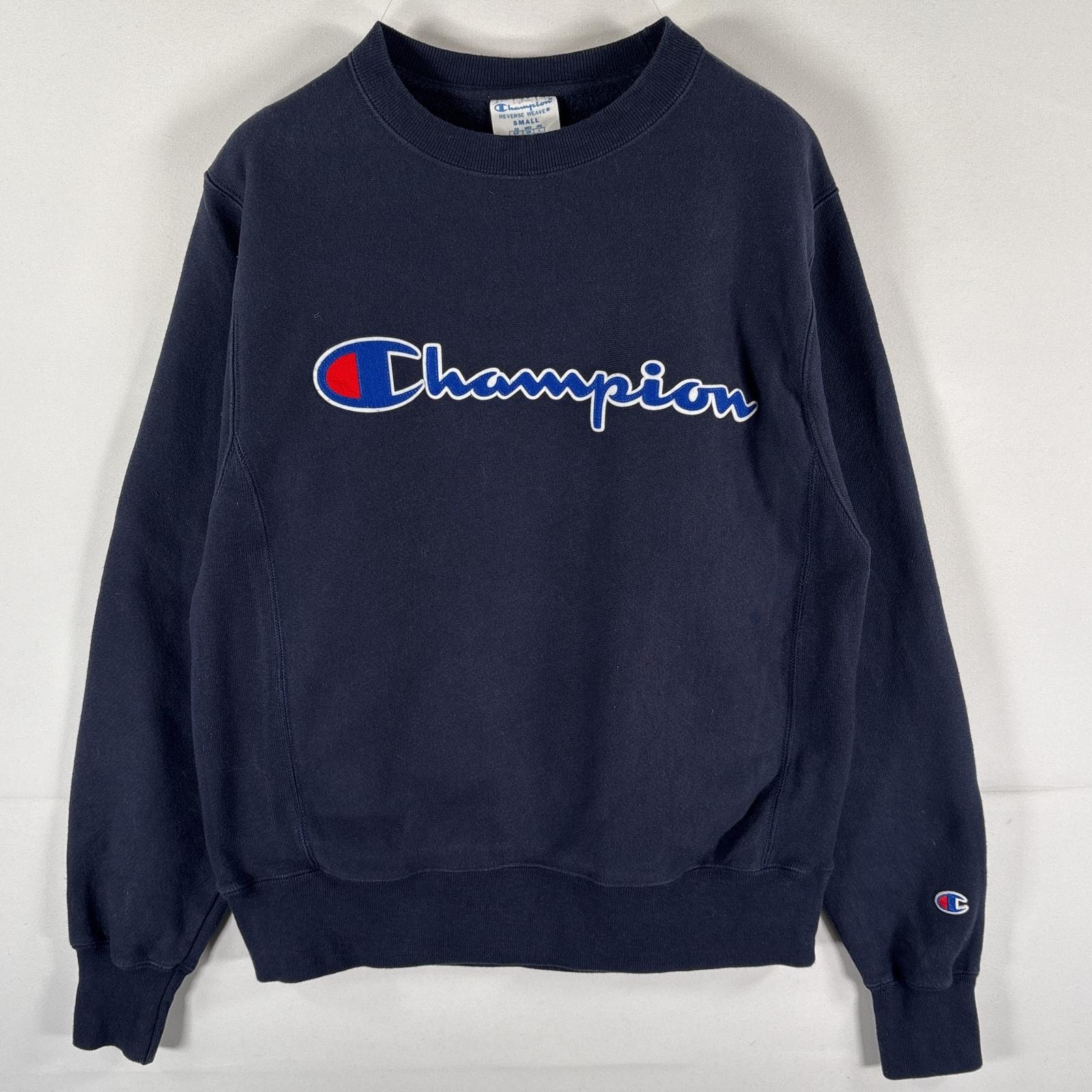古着 チャンピオン Champion スウェット リバースウィーブ トレーナー プルオーバー  ビッグロゴ ワッペン 刺繍 SMALL  ネイビー メンズ