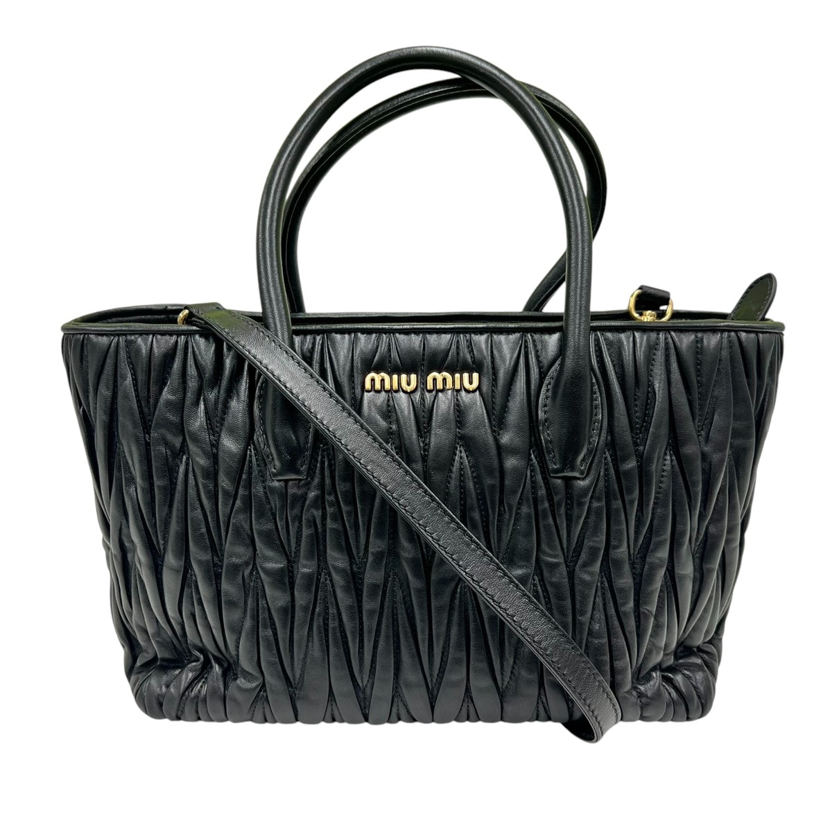 miumiu 希少 美品 ミュウミュウ マテラッセ 5BG163 2way トートバッグ ショルダーバッグ レザー ブラック クロスボディ ハンドバッグ ギャザー ABランク 中古 鑑定済 ミュウミュウバッグ