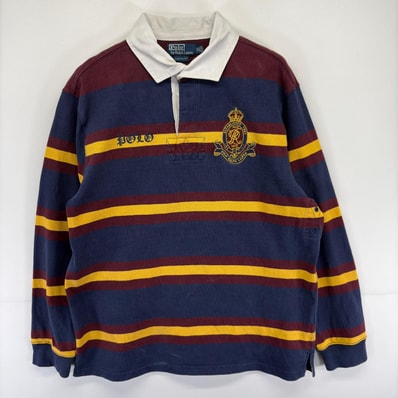 古着 ポロバイラルフローレン Polo by Ralph Lauren 長袖シャツ ラガーシャツ 刺繍ロゴ 大きいサイズ XL レッド系 ボーダー メンズ