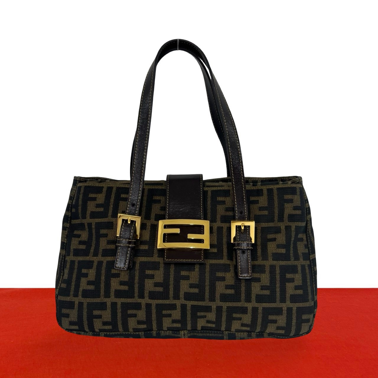 FENDI フェンディ ズッカ FF 柄 キャンバス レザー ハンドバッグ ブラウン
 19926