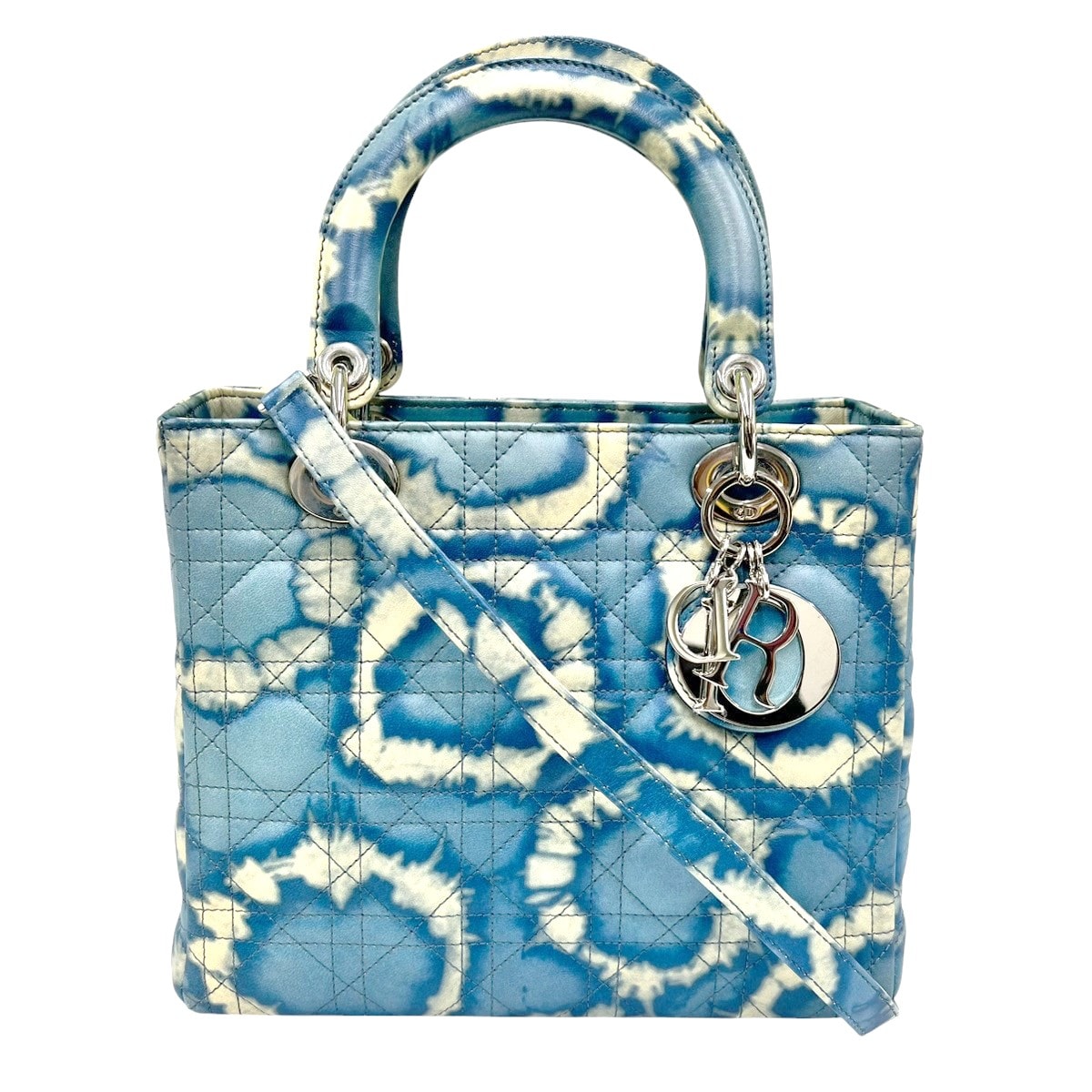 Christian Dior 希少 極美品 レディディオール ミディアム ジョンガリアーノ 2011SS 2way ハンドバッグ ショルダーバッグ タイダイ ブルー レザー ロゴ クロスボディ CD クリスチャン Aランク 鑑定済 中古