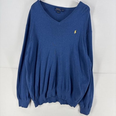 古着 ポロ・ラルフローレン POLO RALPH LAUREN ニット ワンポイント 薄手 ロゴ セーター Vネック 大きいサイズ XL ブルー メンズ