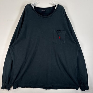 古着 90's/90年代 ポロバイラルフローレン Polo by Ralph Lauren 長袖Tシャツ ロゴ 刺繍 大きいサイズ 胸ポケ 14041 ブラック 無地 メンズ