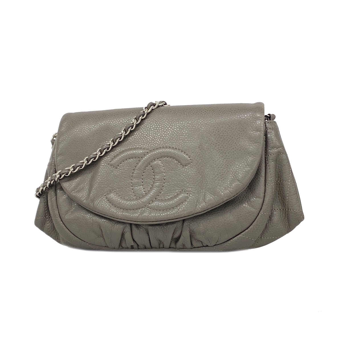 【6kc2874】シャネル ショルダーウォレット チェーンショルダー キャビアスキン グレージュ シルバー金具【中古】レディース