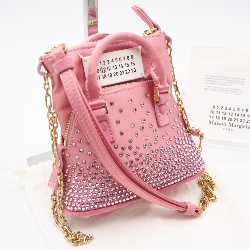 美品 MAISON MARGIELA メゾンマルジェラ サテン ラインストーン 5AC CINEMA INFERNO BABY SB2WG0006 2wayショルダーバッグ ピンク ラインストーン ナイロン レディース