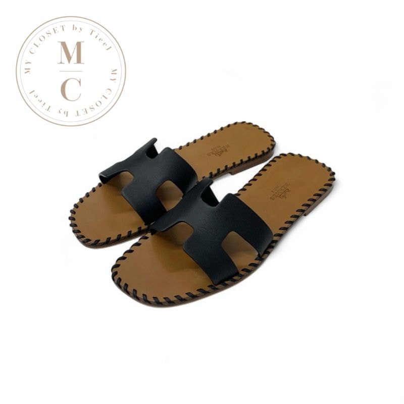 エルメス HERMES オラン サンダル 靴 シューズ レザー ブラック ブラウン ステッチ フラットサンダル ミュール