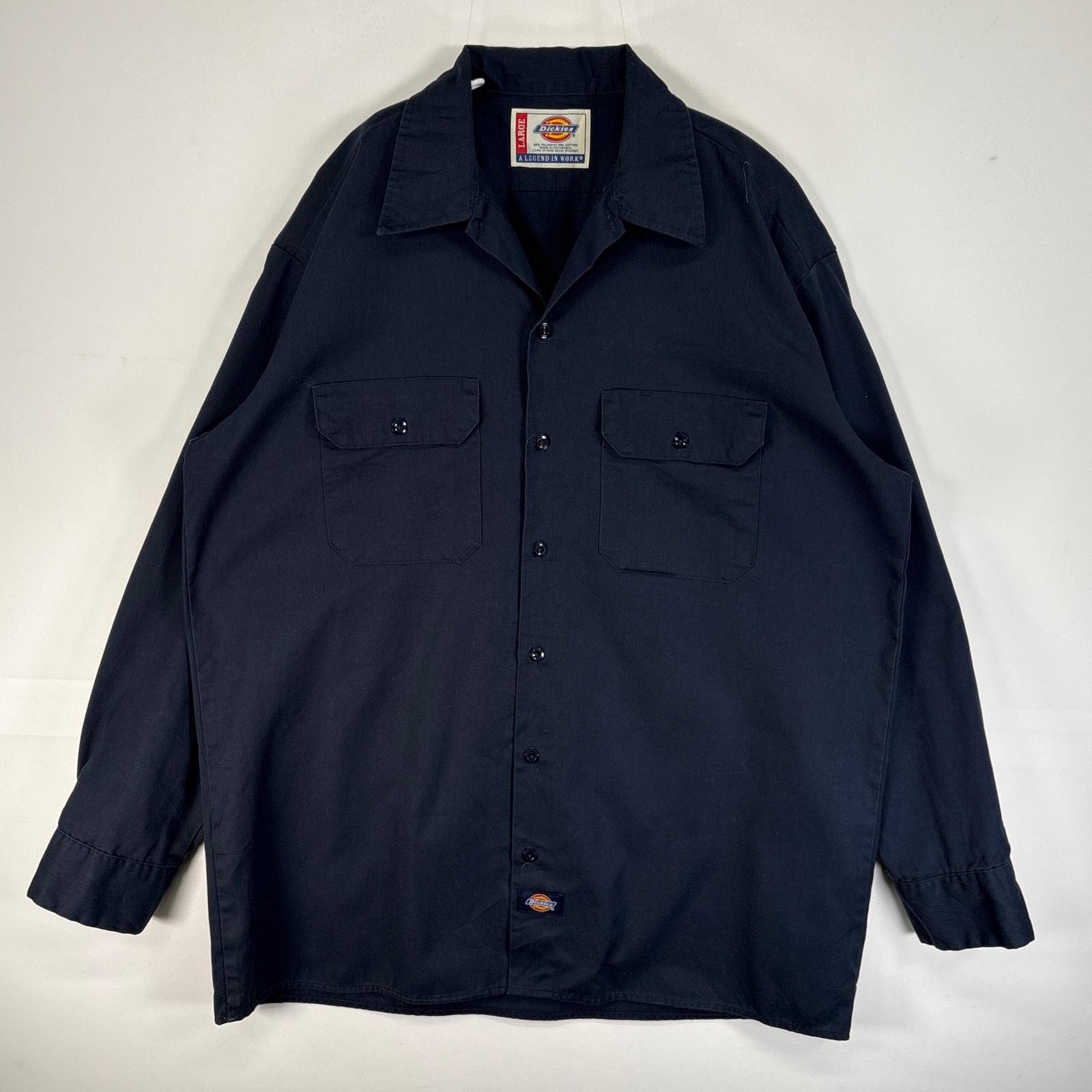 古着 ディッキーズ Dickies 長袖シャツ ワーク フラップポケ 作業着 ワンポイント ロゴ L ネイビー 無地 メンズ