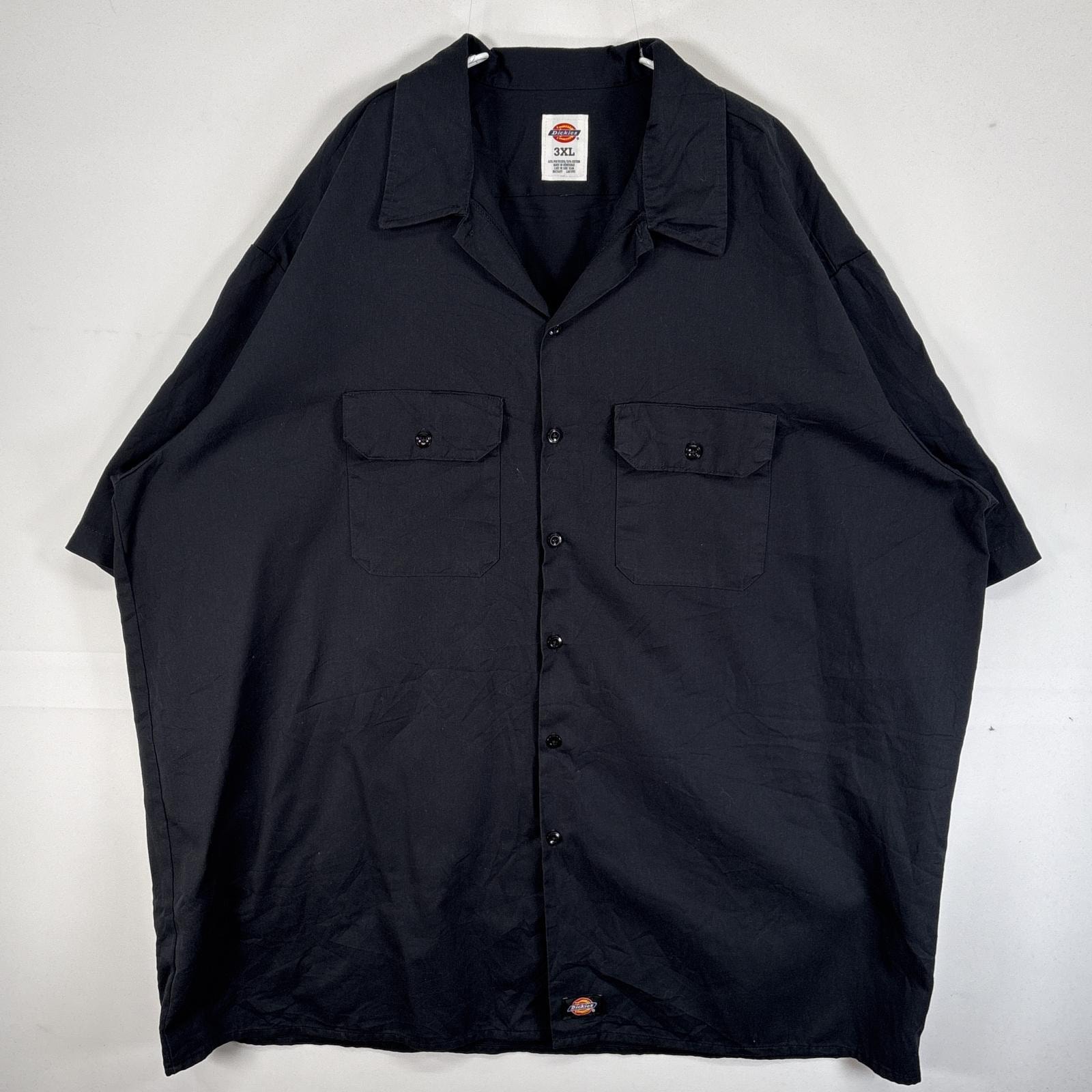 古着 ディッキーズ Dickies 半袖シャツ ワーク 作業着 フラップポケ 大きいサイズ ワンポイント ロゴ 3XL  ブラック 無地 メンズ