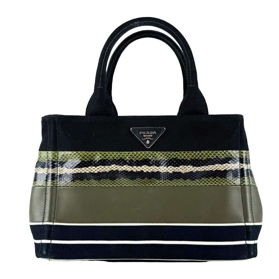 プラダ PRADA ハンドバッグ ショルダーバッグ カナパ キャンバス/レザー ブラック/カーキ レディース【中古】 z10783