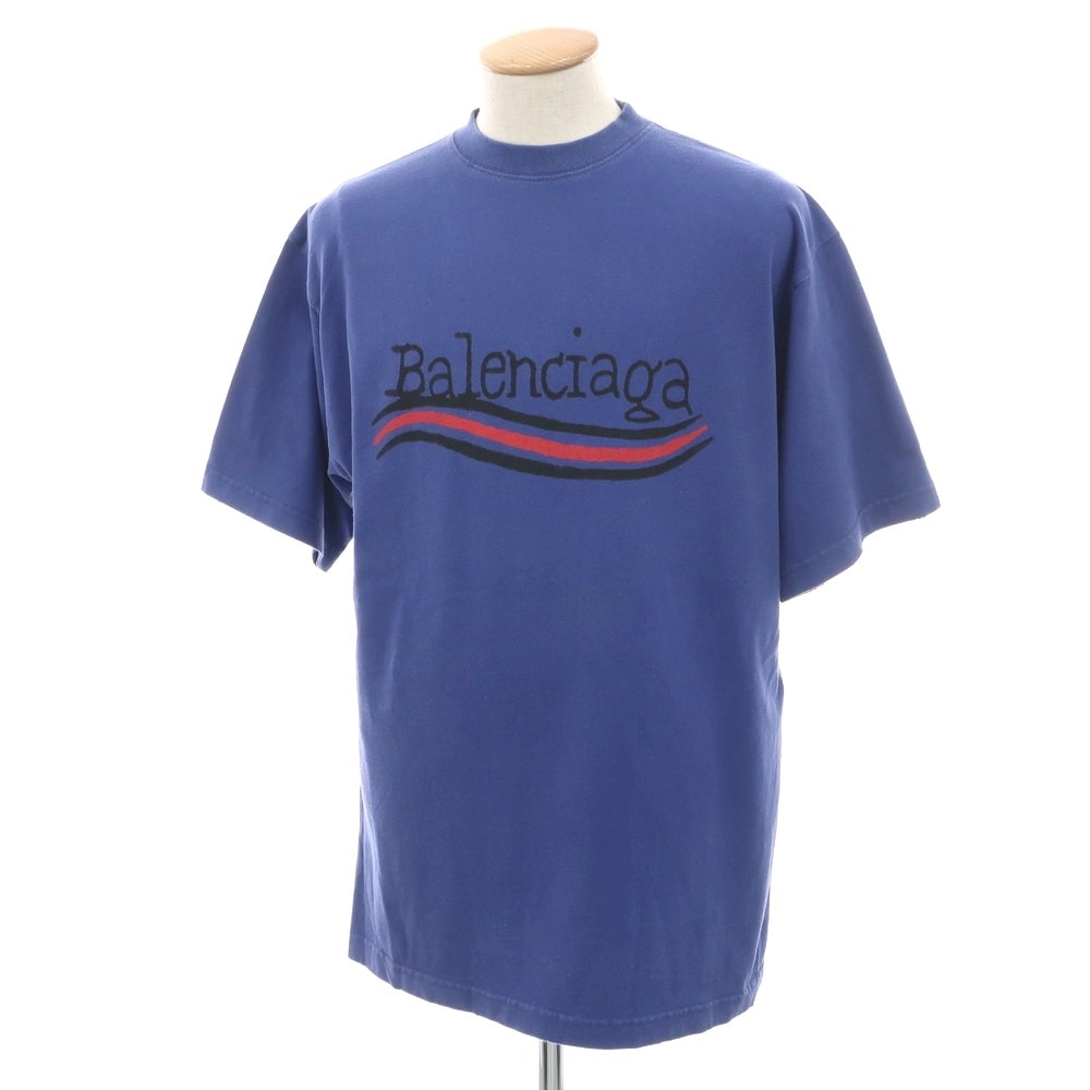 【中古】バレンシアガ BALENCIAGA ユーズド加工 コットン クルーネック 半袖Tシャツ ブルー【サイズXS】【メンズ】