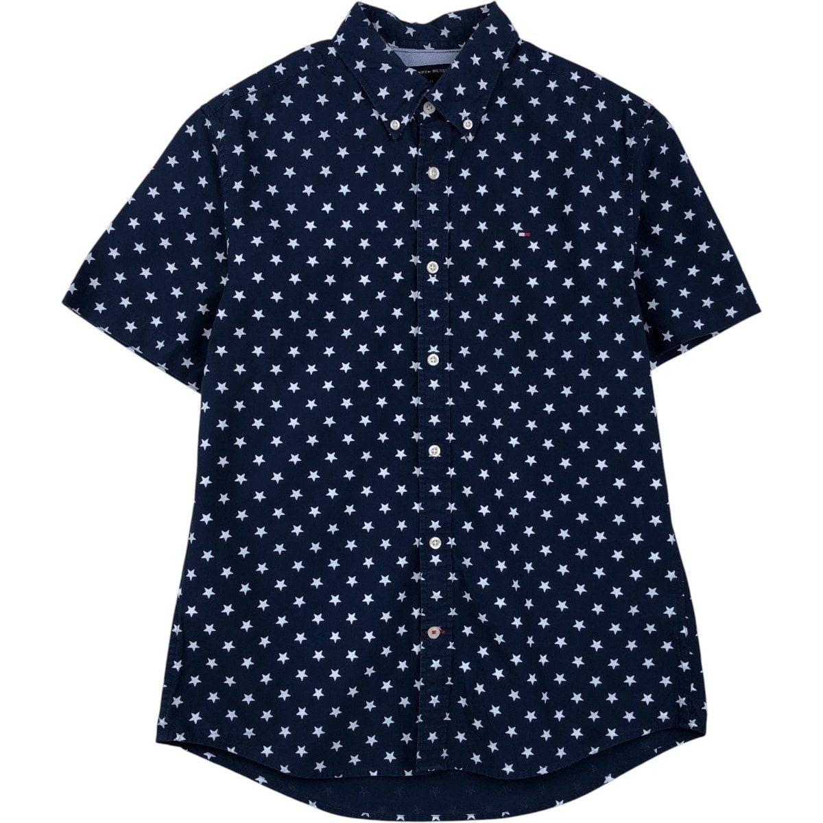 古着 トミーヒルフィガー TOMMY HILFIGER CUSTOM FIT 総柄 星柄 半袖 ボタンダウンシャツ メンズM相当/eaa668699
