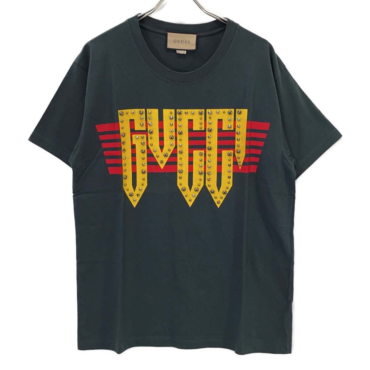 グッチ 616036 ブラック ロゴ スタッズ Tシャツ XS