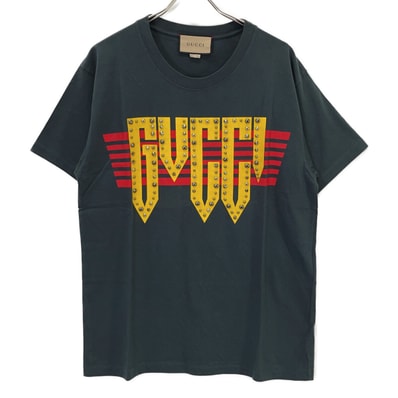 グッチ 616036 ブラック ロゴ スタッズ Tシャツ XS