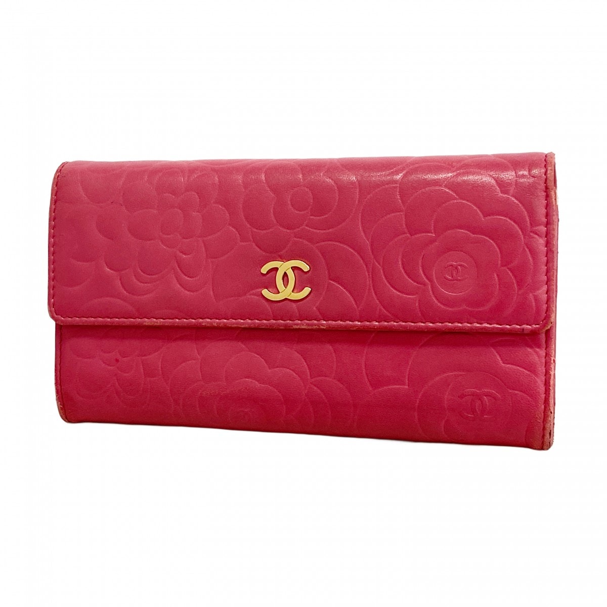 【6dd5265】シャネル 長財布 カメリア ラムスキン ピンク ゴールド金具【中古】レディース