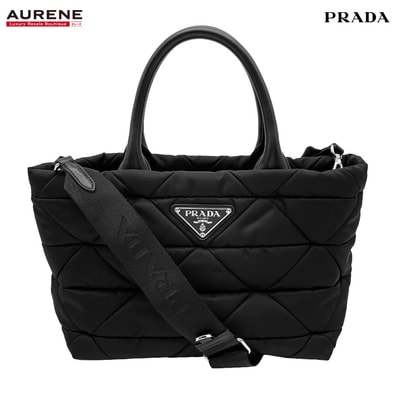 PRADA プラダ トートバッグ パデッド リナイロン Re-Nylon 2WAY トライアングルステッチ 三角プレート ICチップ 1BG436 ミディアム ブラック レディース 【中古】