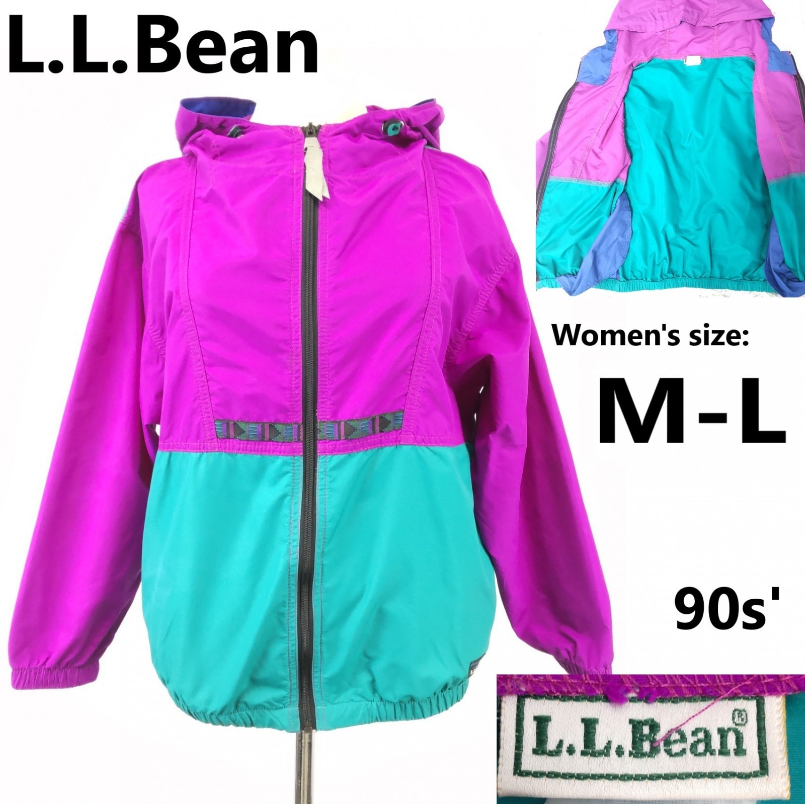 90s/USA★L.L.Bean/エルエルビーン★マウンテンパーカー【レディースM-L程度/パープル×エメラルドグリーン】アノラック/アウター/チロリアンテープ/hoodie/jacket◆BJ131-a
