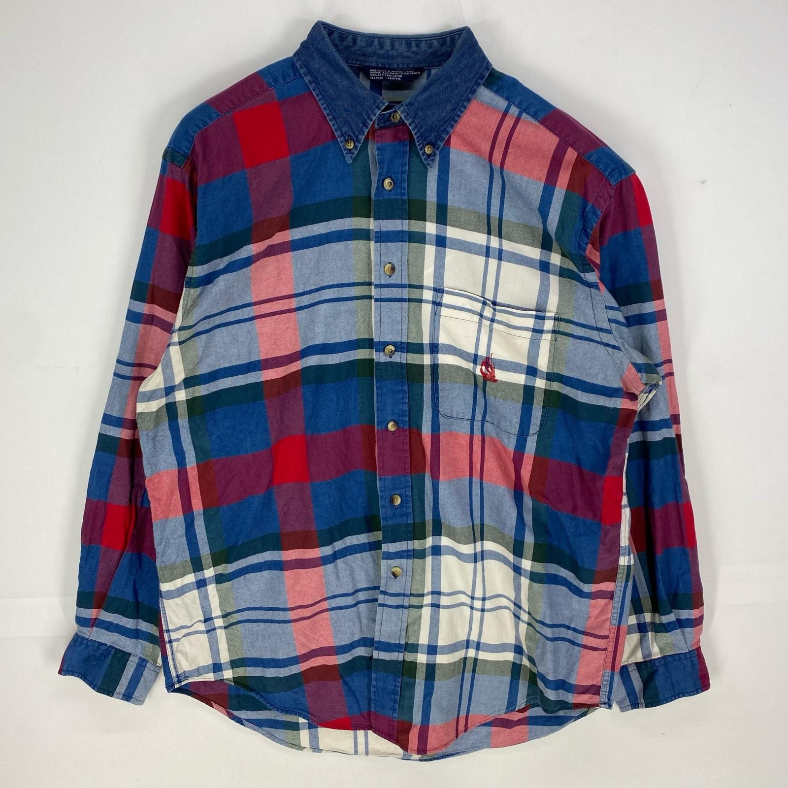 古着 90's/90年代 ノーティカ NAUTICA USA製 デニム 長袖シャツ ボタンダウン ワンポイント ロゴ刺繍 L  ブルー系 チェック メンズ