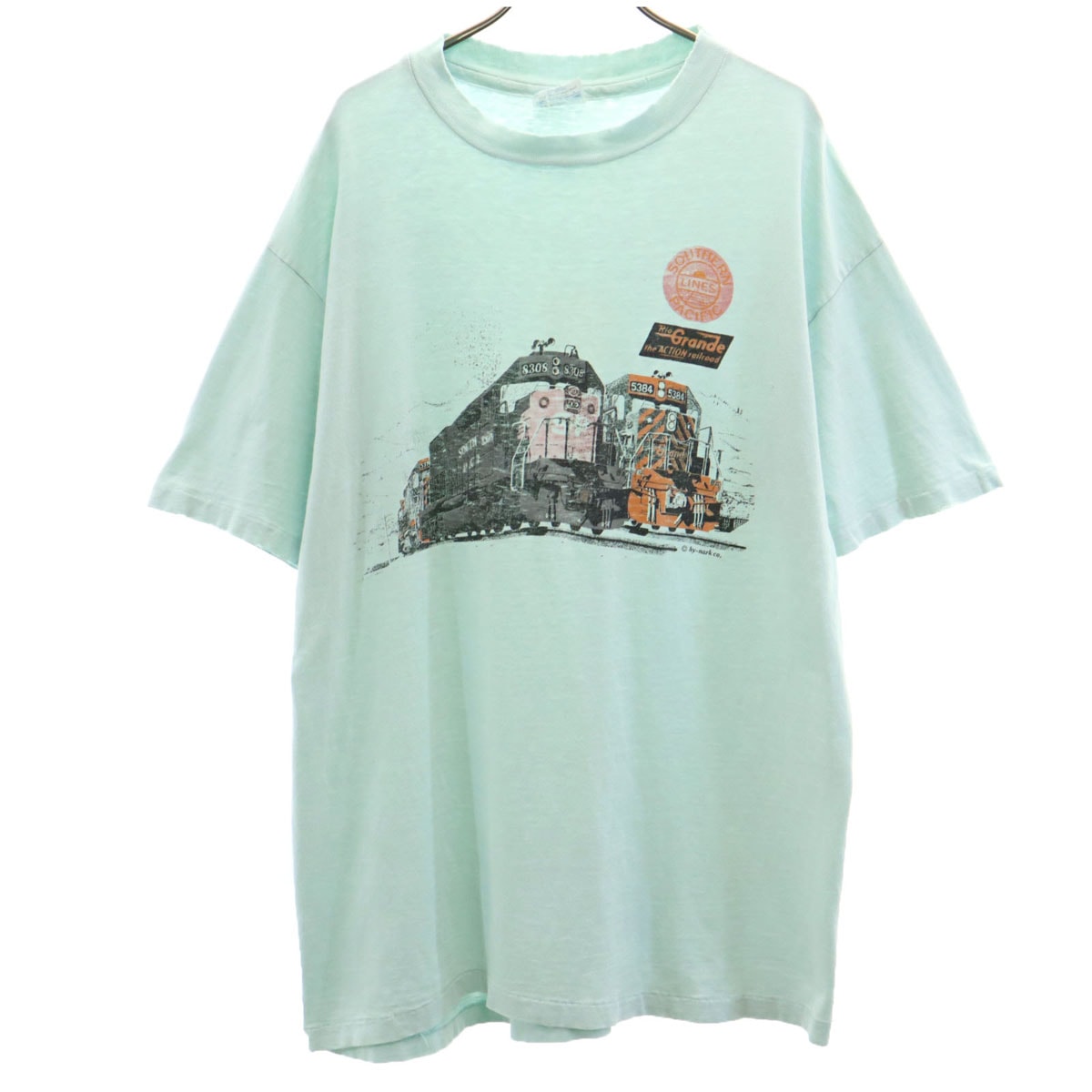 Hanes ヘインズ 80s 90s USA製 オールド 鉄道プリント 半袖 Tシャツ XL ミント系 シングルステッチ BEEFY-T