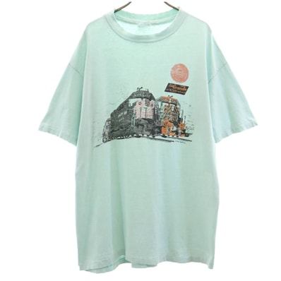 Hanes ヘインズ 80s 90s USA製 オールド 鉄道プリント 半袖 Tシャツ XL ミント系 シングルステッチ BEEFY-T