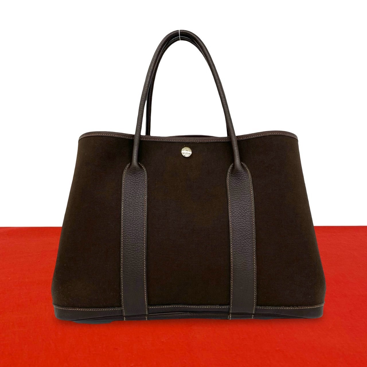 HERMES エルメス ガーデンパーティ PM トワルアッシュ ブッフル ハンドバッグ ショコラ ブラウン
 31639