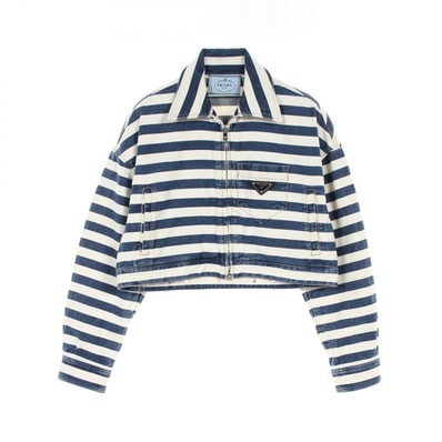 プラダ PRADA デニムジャケット 衣料品 アウター コットン レディース ネイビー系 / ホワイト系 【中古】
