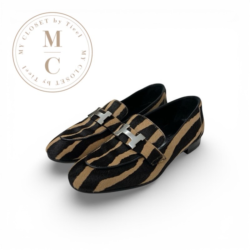 エルメス HERMES パリ ローファー 革靴 靴 シューズ ハラコ ブラウン ベージュ シルバー H金具 ゼブラ柄 モカシン