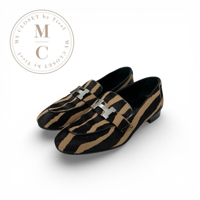 エルメス HERMES パリ ローファー 革靴 靴 シューズ ハラコ ブラウン ベージュ シルバー H金具 ゼブラ柄 モカシン