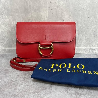【POLO RALPH LAUREN】ポロラルフローレン ショルダーバッグ 保存袋付き 馬蹄 ホースシュー フラップ レザー レッド ゴールド金具 肩掛け