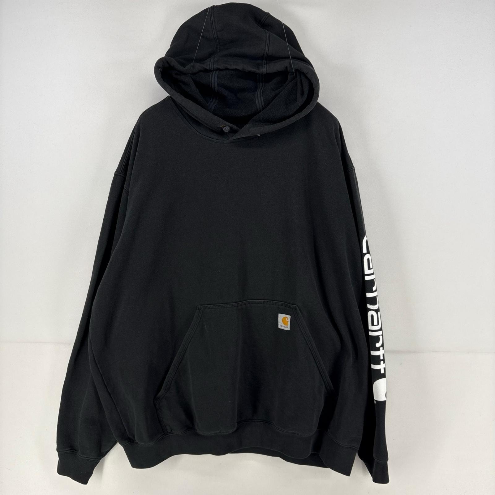 古着 カーハート Carhartt パーカー プルオーバー ロゴ スウェット プリント 大きいサイズ 袖ロゴ XL  ブラック メンズ
