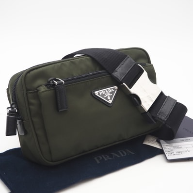 美品 PRADA プラダ Re-Nylon xサフィアーノ レザー ベルトバッグ 2VL977 ウエストバッグ カーキ ブラック ナイロン サフィアーノ メンズ