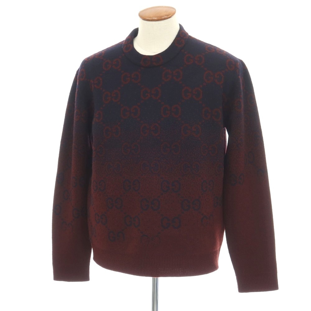 【中古】グッチ GUCCI ウール GGロゴ ジャカード クルーネック プルオーバーニット ネイビーxボルドー【サイズM】【メンズ】